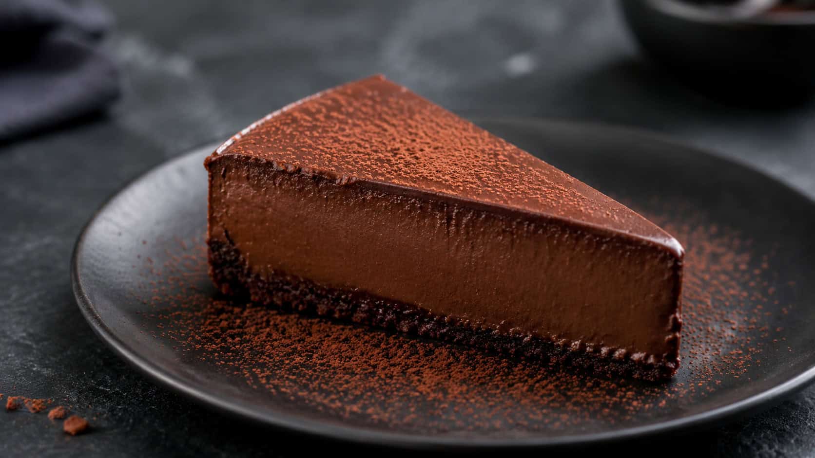 a no-bake chocolate cheesecake in a wide horizontal shot, dark glossy slice on a chocolate cookie crust dusted with cocoa, on a dark plate, on a slate surface, natural light, shallow depth of field, landscape orientation