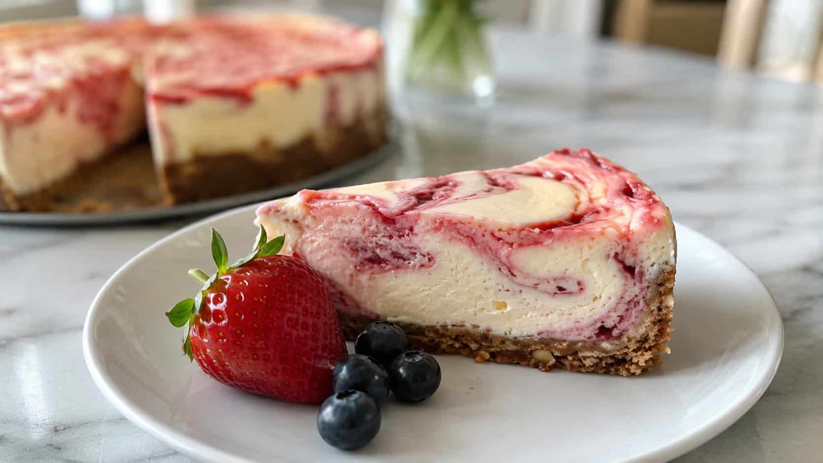 a strawberry swirl cheesecake in a wide horizontal shot, creamy slice with pink strawberry marbling on a nut crust, on a white plate with fresh berries, on a marble counter, natural light, shallow depth of field, landscape orientation