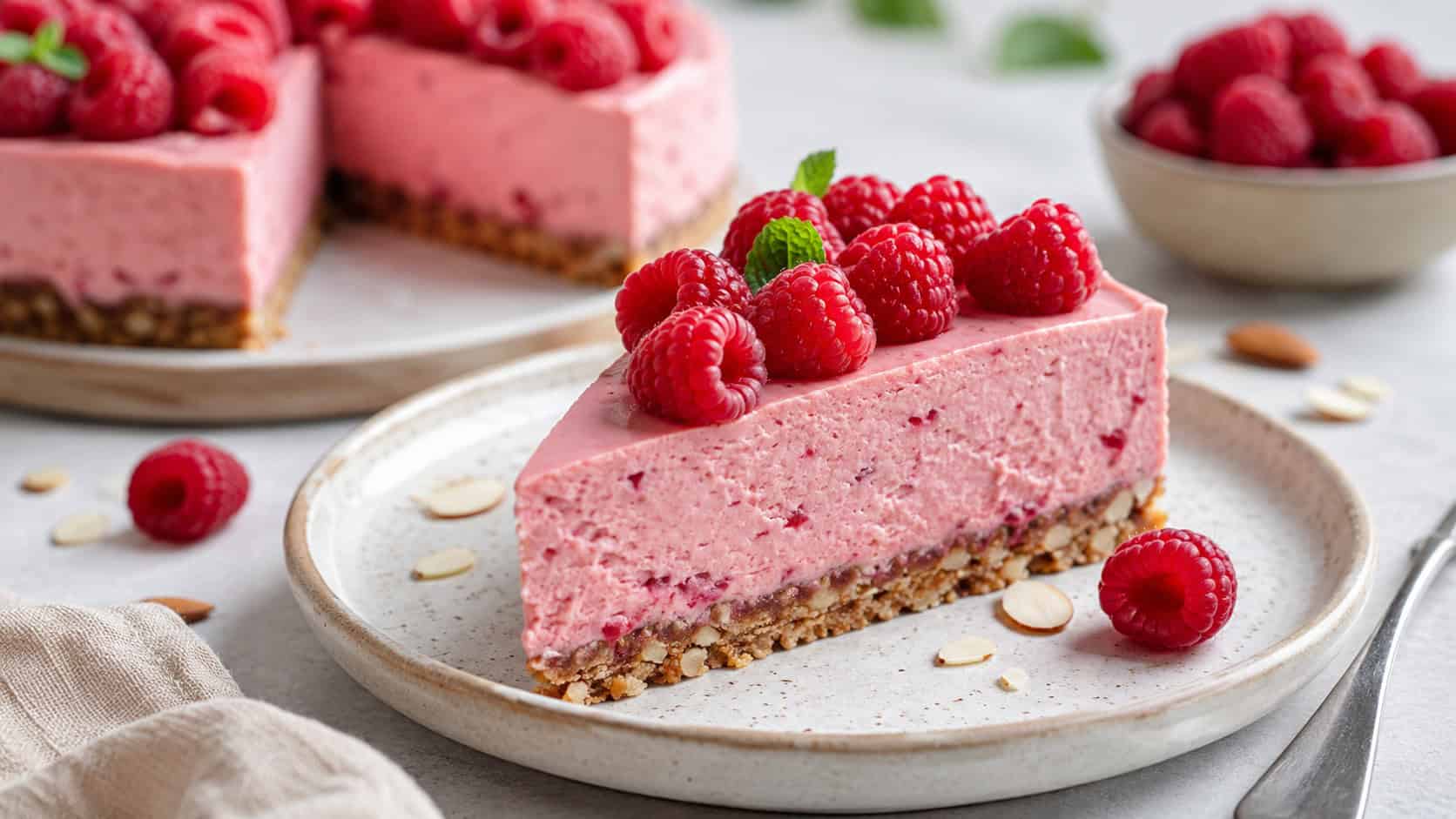 a gluten-free raspberry cheesecake in a wide horizontal shot, rosy pink slice topped with fresh raspberries on an almond crust, on a ceramic plate, on a light table, natural light, shallow depth of field, landscape orientation