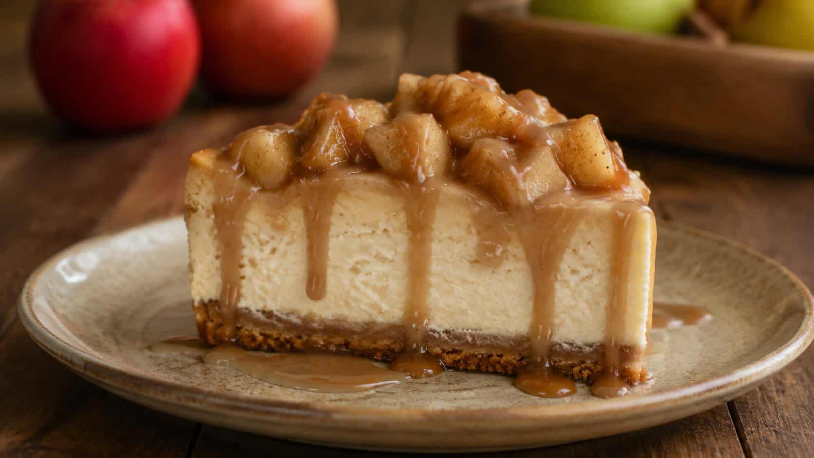 a caramel apple cheesecake in a wide horizontal shot, creamy slice topped with cinnamon apples and caramel drizzle, on a rustic plate, on a wooden table, warm natural light, shallow depth of field, landscape orientation