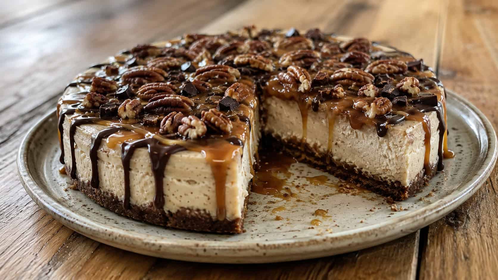 a creamy vegan turtle cheesecake topped with caramel, chocolate drizzle, and pecans on a rustic plate, in a wide horizontal shot, a slice removed, on a natural wood table, natural light, shallow depth of field, landscape orientation