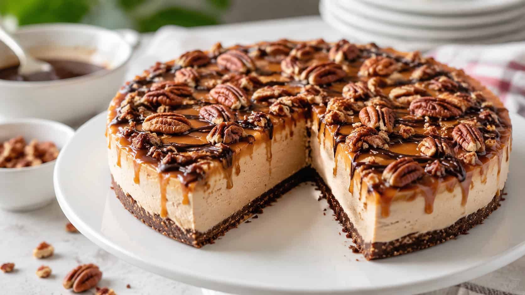 a gluten-free no-bake turtle cheesecake topped with caramel, chocolate drizzle, and pecans on a white cake stand, in a wide horizontal shot, a clean slice removed, on a light table, natural light, shallow depth of field, landscape orientation