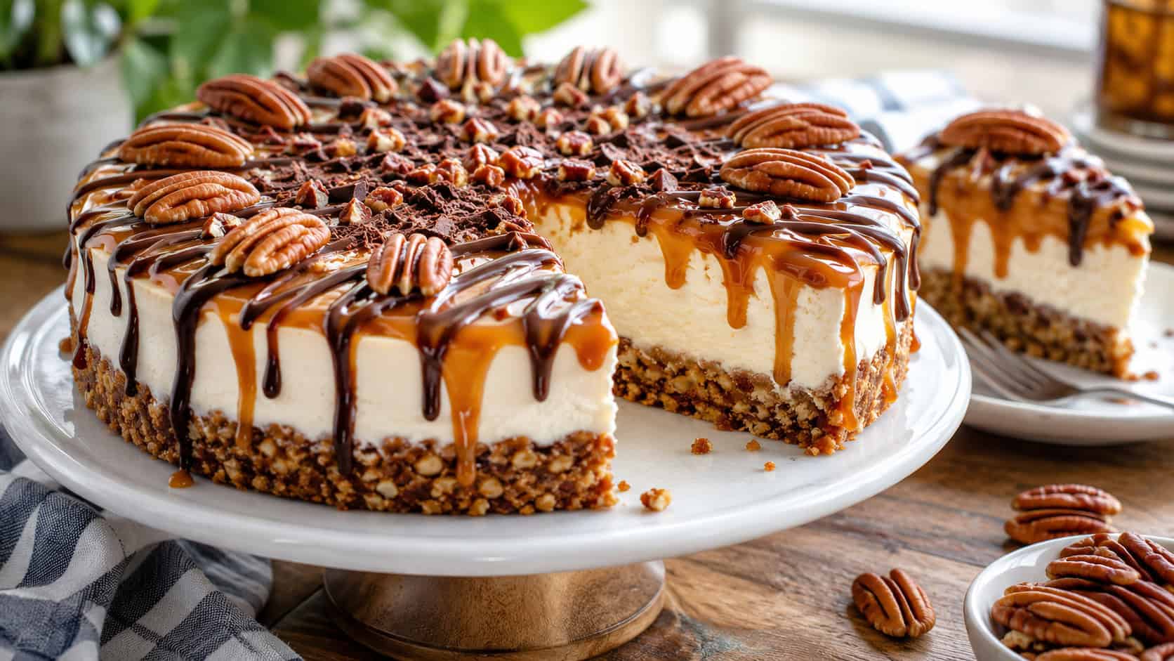 a no-bake turtle cheesecake on a golden pecan crust topped with caramel, chocolate drizzle, and whole pecans on a cake stand, in a wide horizontal shot, a slice showing the nutty crust, on a wood table, natural light, shallow depth of field, landscape orientation