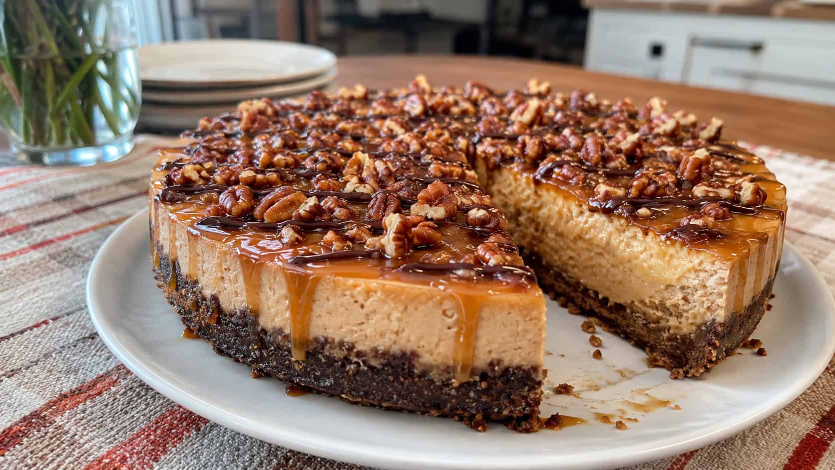 a creamy peanut butter turtle cheesecake topped with caramel, chocolate drizzle, and pecans on a white plate, in a wide horizontal shot, a slice cut out, on a cozy kitchen table, natural light, shallow depth of field, landscape orientation