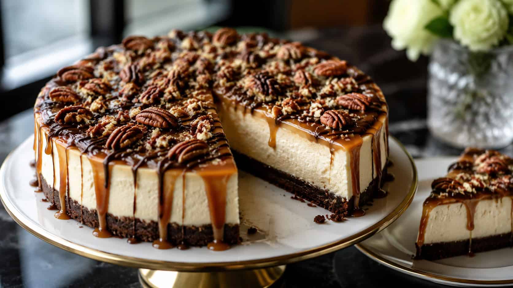 an extra-rich no-bake turtle cheesecake with thick caramel, chocolate drizzle, and pecans piled high on a cake stand, in a wide horizontal shot, a decadent slice pulled out, on an elegant dark table, natural light, shallow depth of field, landscape orientation