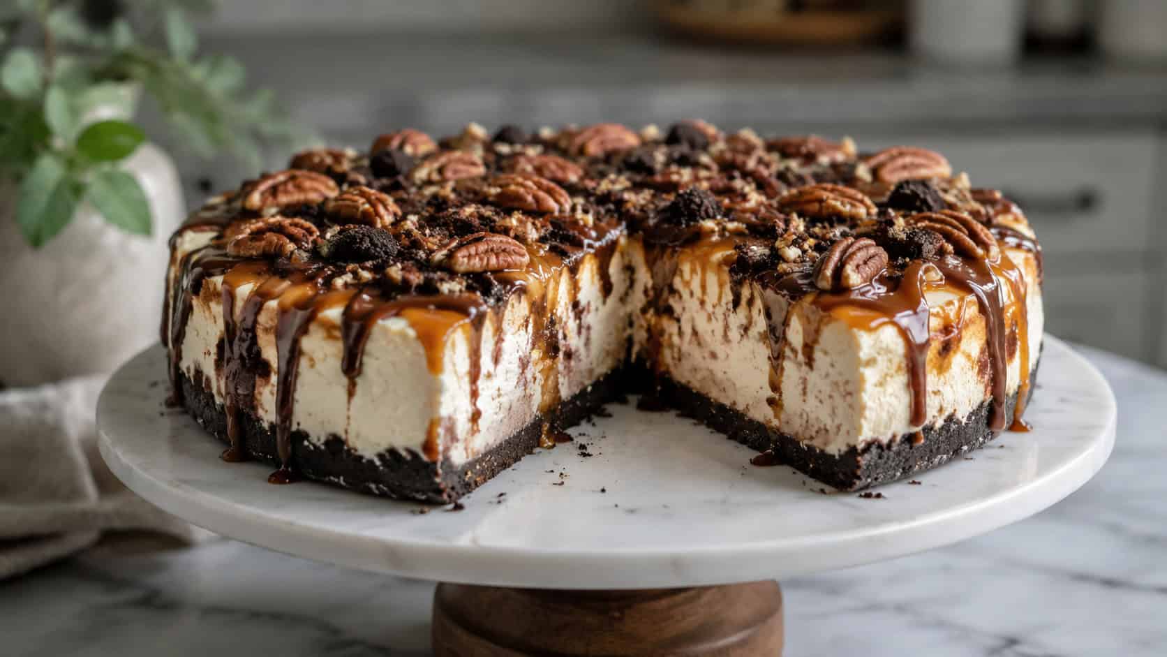 a no-bake turtle cheesecake on a dark chocolate cookie crust topped with caramel, chocolate drizzle, pecans, and cookie crumbs on a cake stand, in a wide horizontal shot, a slice removed, on a marble counter, natural light, shallow depth of field, landscape orientation