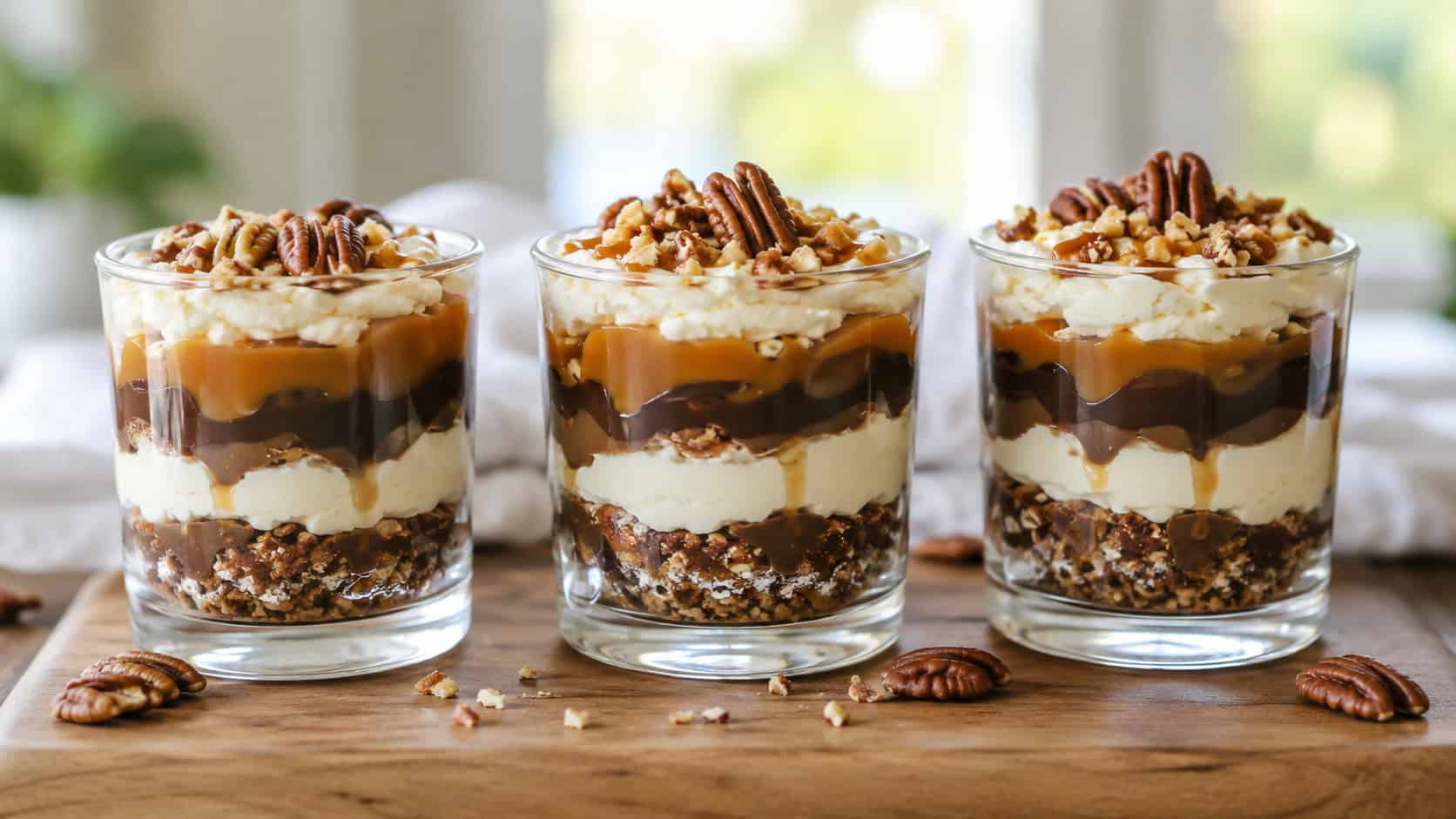 three layered turtle cheesecake parfaits in clear glasses showing caramel and chocolate stripes topped with pecans, in a wide horizontal shot, lined up on a wooden board, on a bright table, natural light, shallow depth of field, landscape orientation