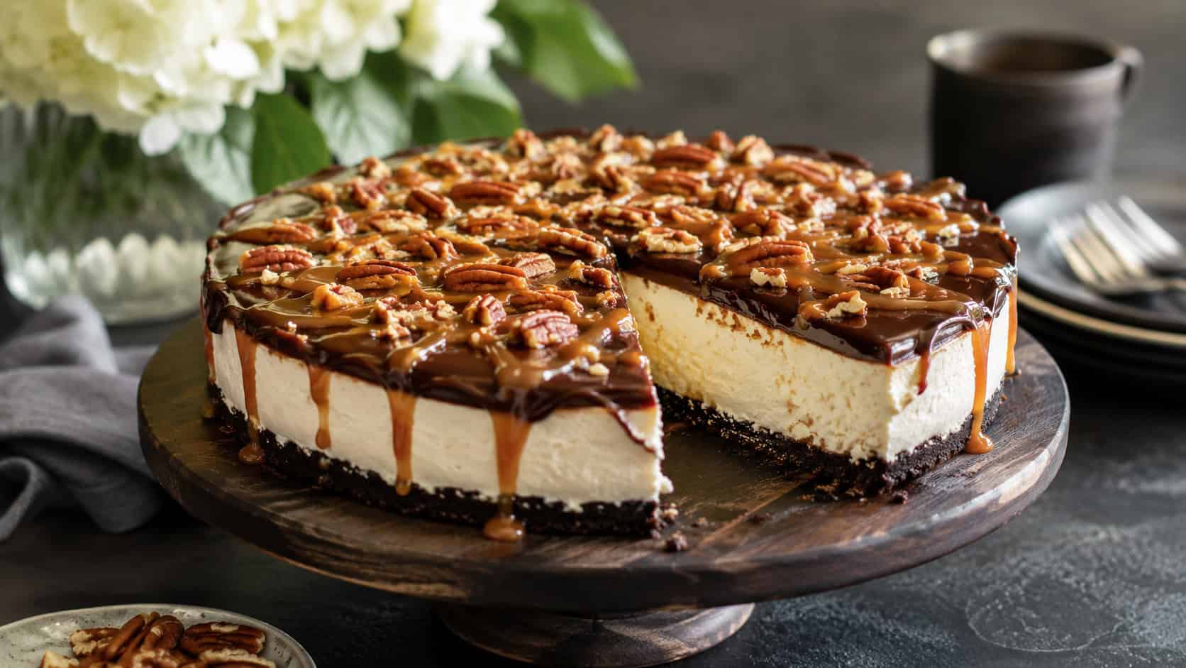 a no-bake turtle cheesecake with a glossy dark chocolate ganache top, caramel drizzle, and pecans on a cake stand, in a wide horizontal shot, a slice cut out, on a dark elegant table, natural light, shallow depth of field, landscape orientation