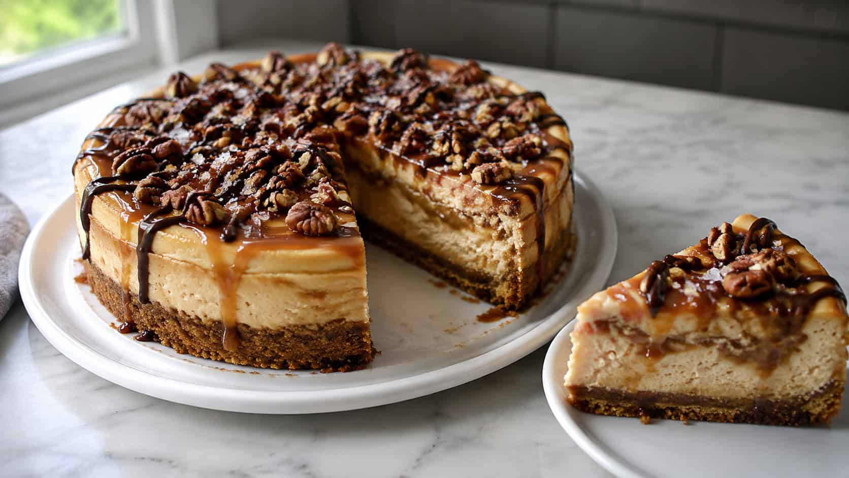 a salted caramel turtle cheesecake with caramel swirls, chocolate drizzle, toasted pecans, and flaky salt on a white plate, in a wide horizontal shot, a slice on the side, on a marble counter, natural light, shallow depth of field, landscape orientation