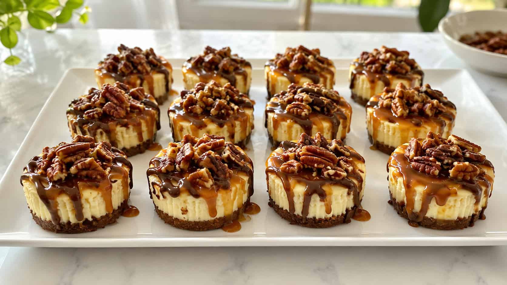 a dozen mini turtle cheesecake bites topped with caramel, chocolate drizzle, and pecans on a white platter, in a wide horizontal shot, arranged in neat rows, on a bright table, natural light, shallow depth of field, landscape orientation