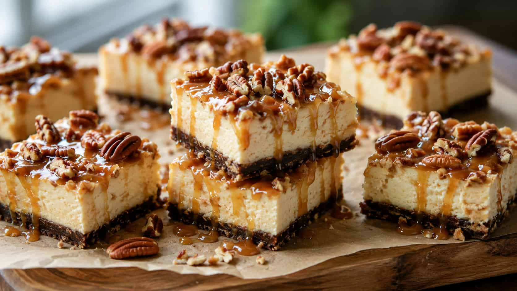 no-bake turtle cheesecake bars cut into neat squares loaded with pecans and caramel drizzle on parchment, in a wide horizontal shot, a few bars stacked, on a wooden board, natural light, shallow depth of field, landscape orientation