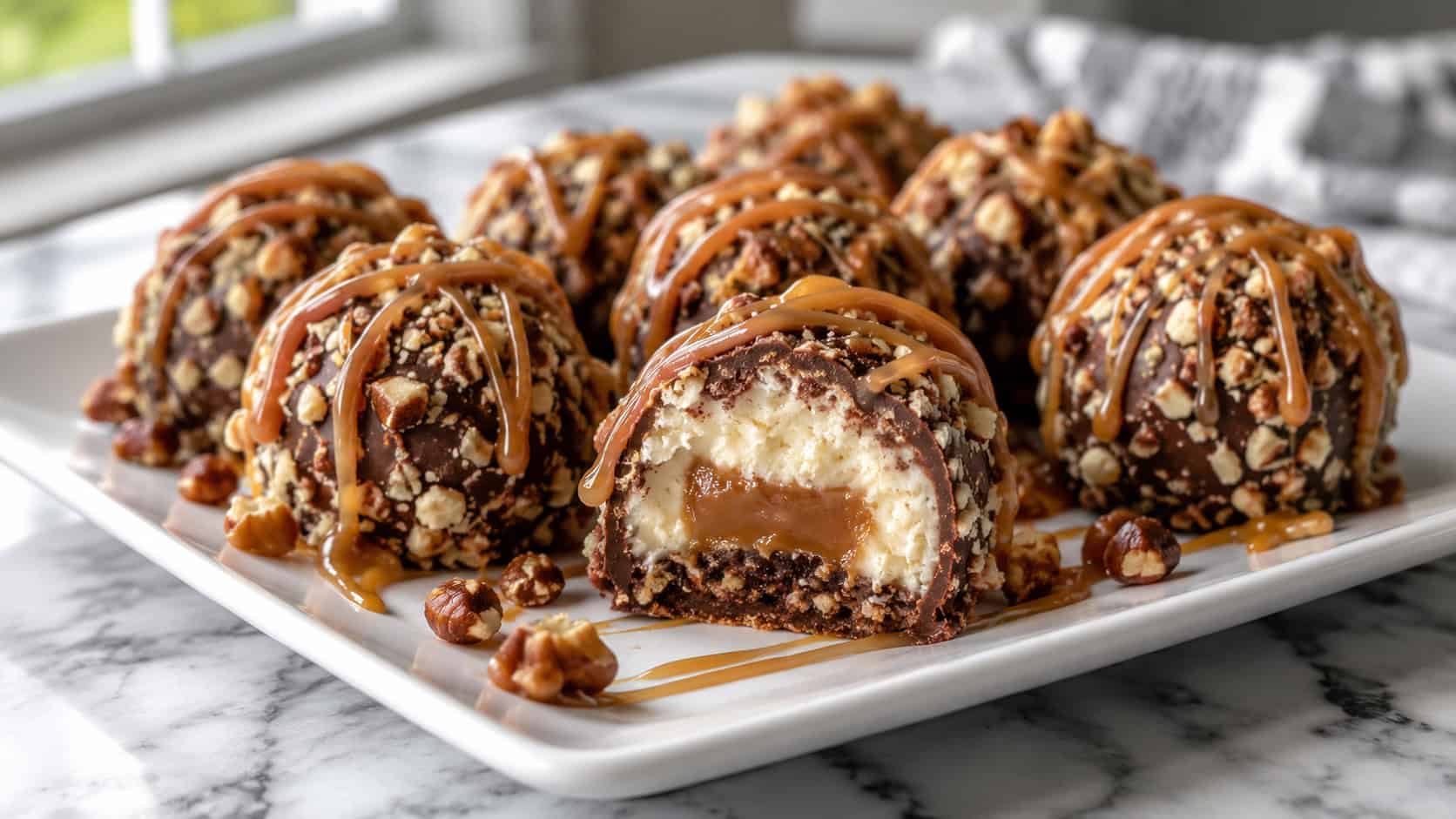chocolate-dipped turtle cheesecake truffles rolled in chopped pecans with caramel drizzle on a white plate, in a wide horizontal shot, one truffle cut to show the center, on a marble surface, natural light, shallow depth of field, landscape orientation