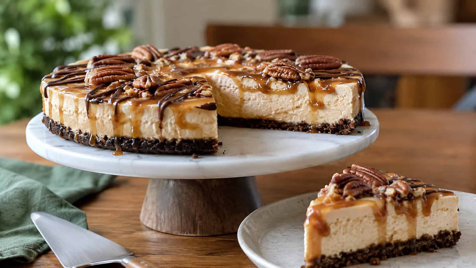 a no-bake dulce de leche turtle cheesecake with golden caramel swirls, chocolate drizzle, and pecans on a cake stand, in a wide horizontal shot, a slice on a plate, on a warm wood table, natural light, shallow depth of field, landscape orientation