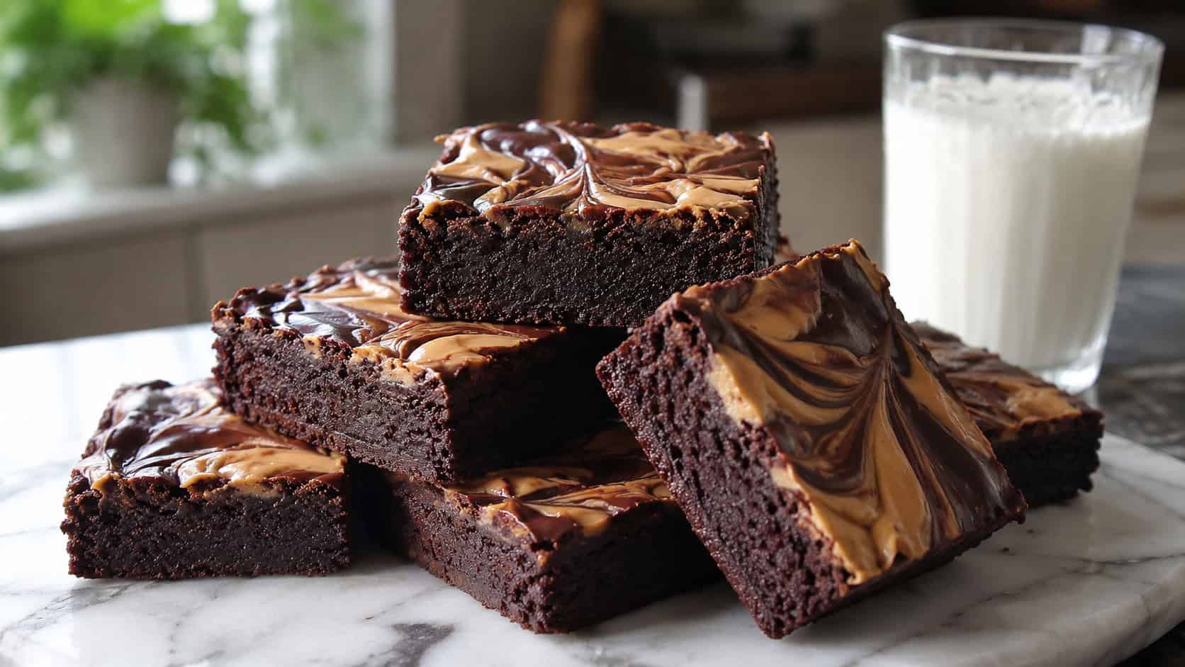 a wide horizontal stack of fudgy chocolate brownies with glossy hazelnut swirls on top, one broken to show the dense interior, on a marble board with a glass of milk, natural light, shallow depth of field, landscape orientation