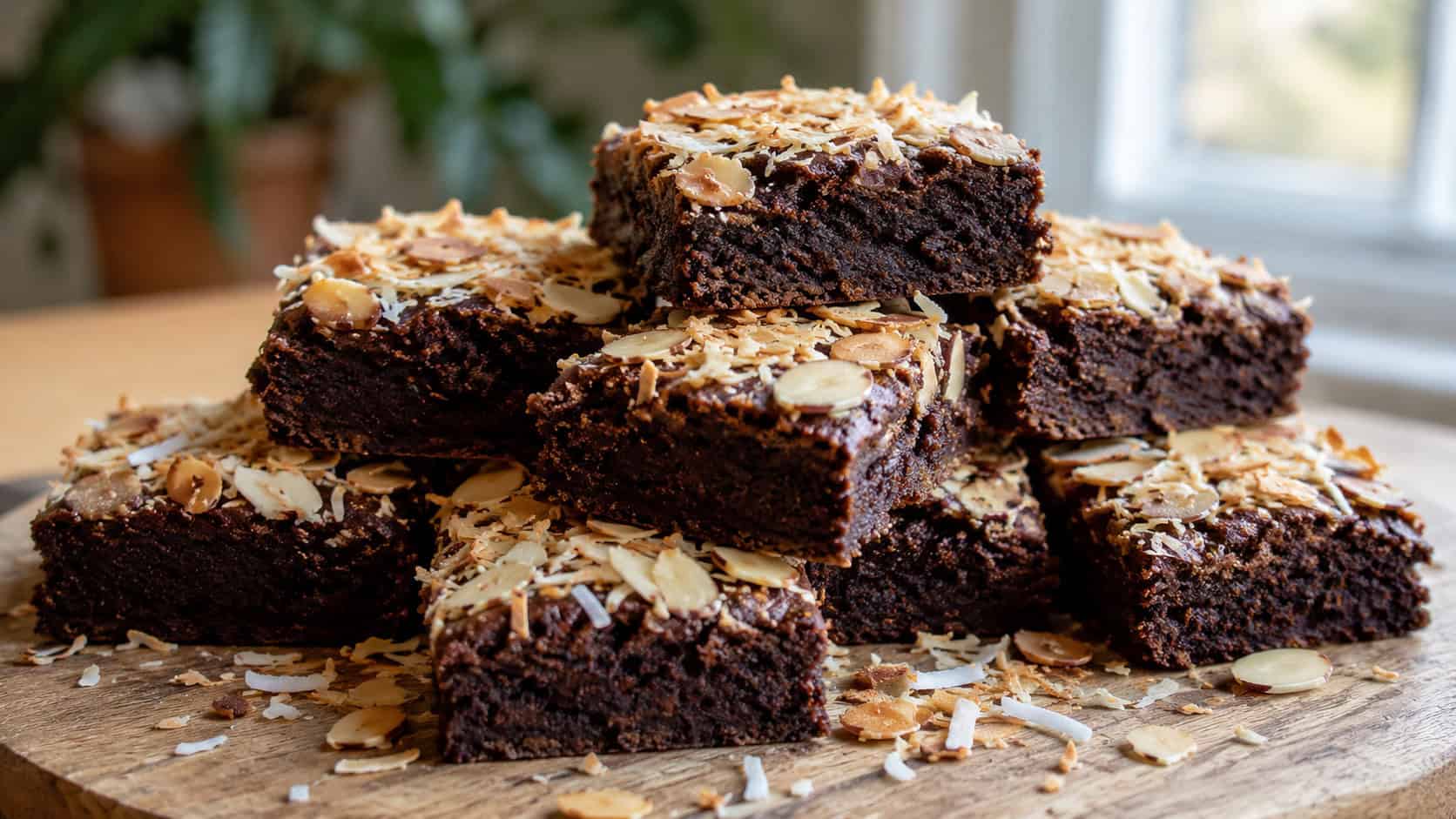 a wide horizontal stack of chocolate brownies topped with golden toasted coconut and sliced almonds, on a wooden board with scattered coconut flakes, warm natural light, shallow depth of field, landscape orientation
