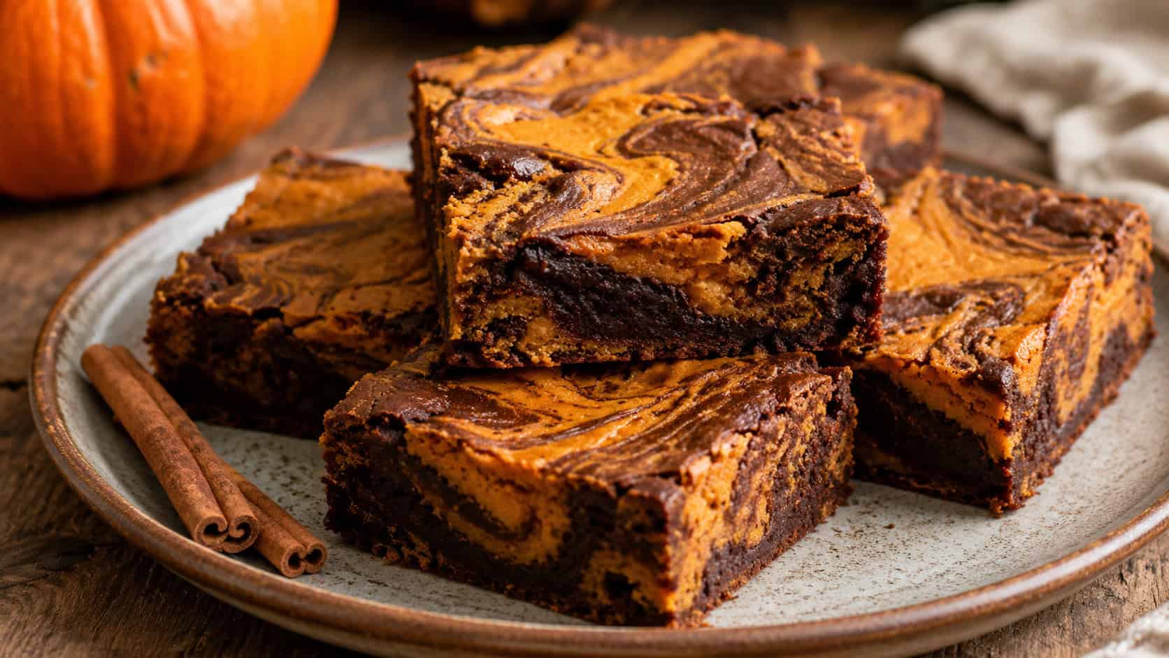 a wide horizontal arrangement of marbled chocolate and orange pumpkin brownies with warm swirls, on a rustic plate with cinnamon sticks, cozy natural light, shallow depth of field, landscape orientation