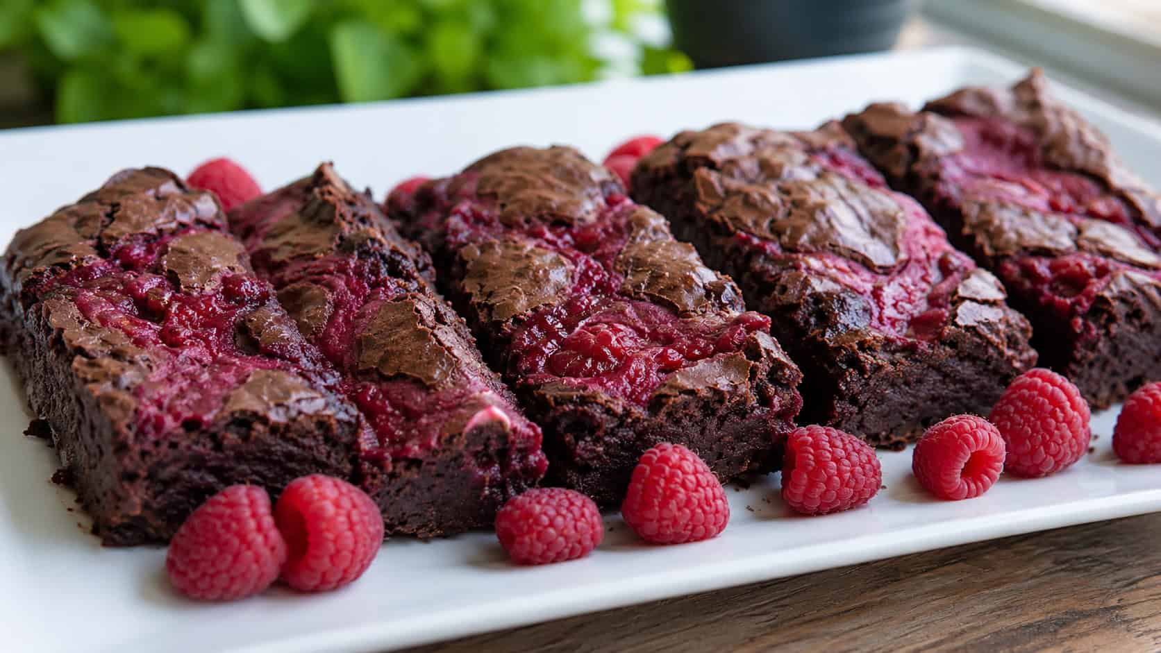 a wide horizontal platter of chocolate brownies with bright red raspberry ripples swirled across the top, fresh raspberries scattered around, on a white plate, natural light, shallow depth of field, landscape orientation