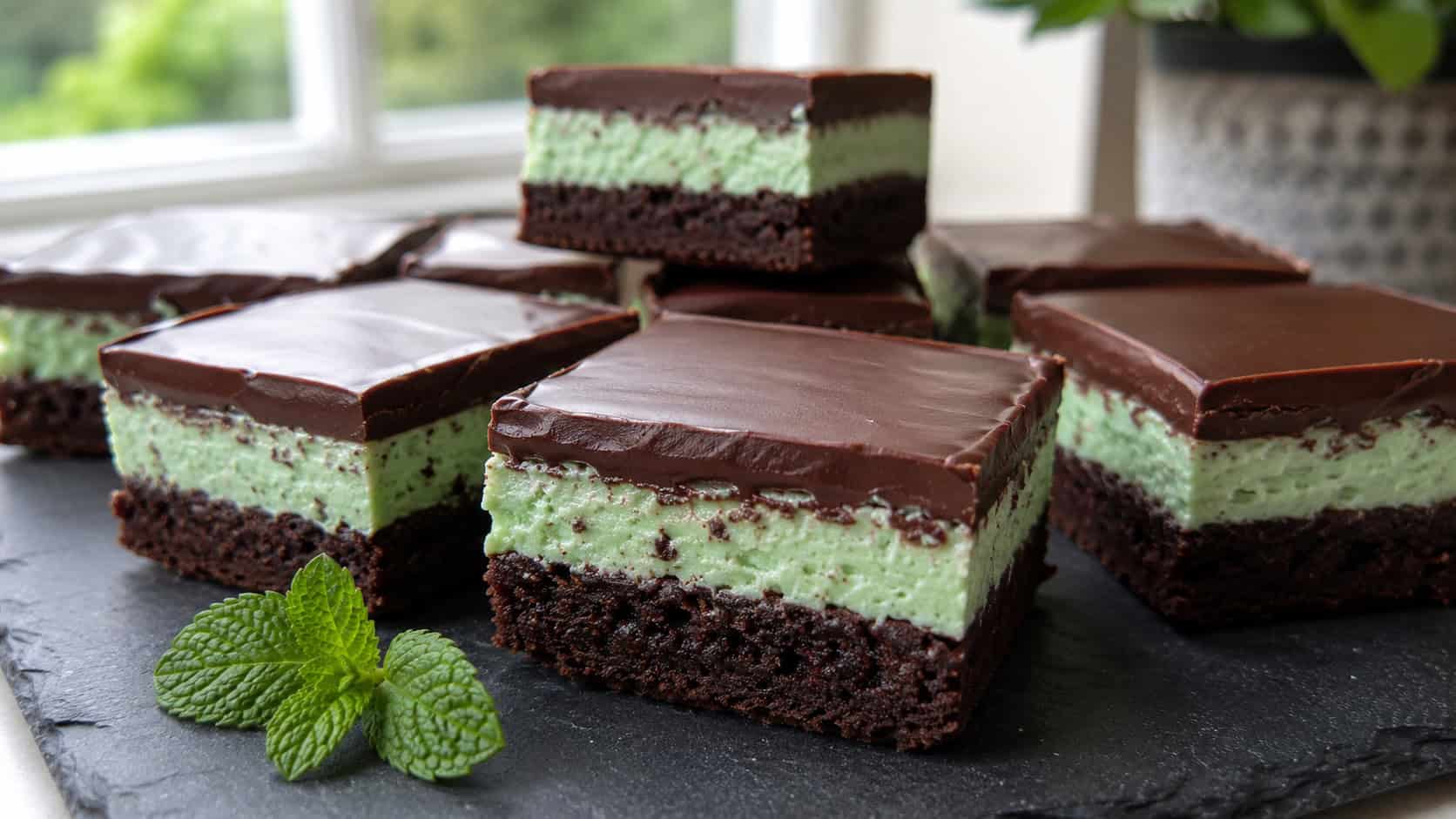 a wide horizontal arrangement of layered mint chocolate brownies with a pale green mint center and glossy chocolate top, one cut to show the layers, on a slate board, natural light, shallow depth of field, landscape orientation