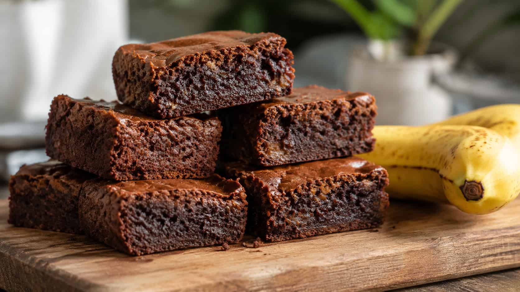 a wide horizontal stack of soft banana brownies with a tender crumb, one piece showing the moist interior, on a wooden board with a ripe banana nearby, warm natural light, shallow depth of field, landscape orientation