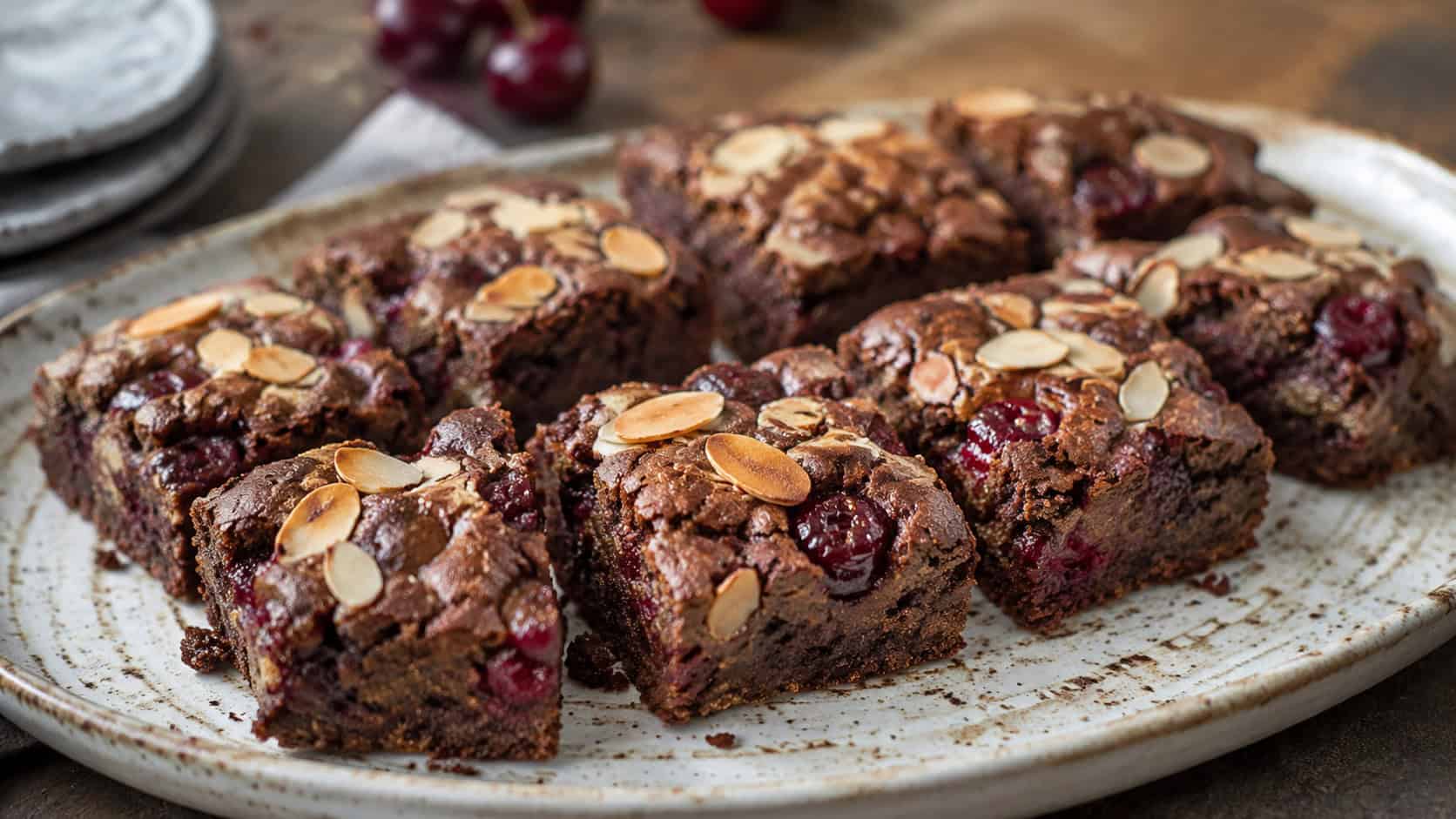 a wide horizontal arrangement of chocolate brownies studded with red cherries and topped with toasted slivered almonds, on a rustic ceramic plate, natural light, shallow depth of field, landscape orientation
