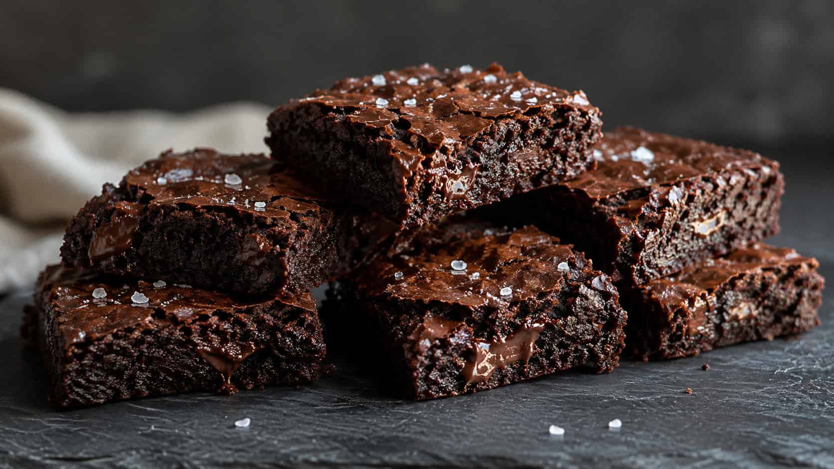 a wide horizontal stack of very dark chocolate brownies with melting chocolate chunks and flecks of sea salt on a crackly top, on a black slate board, dramatic natural light, shallow depth of field, landscape orientation