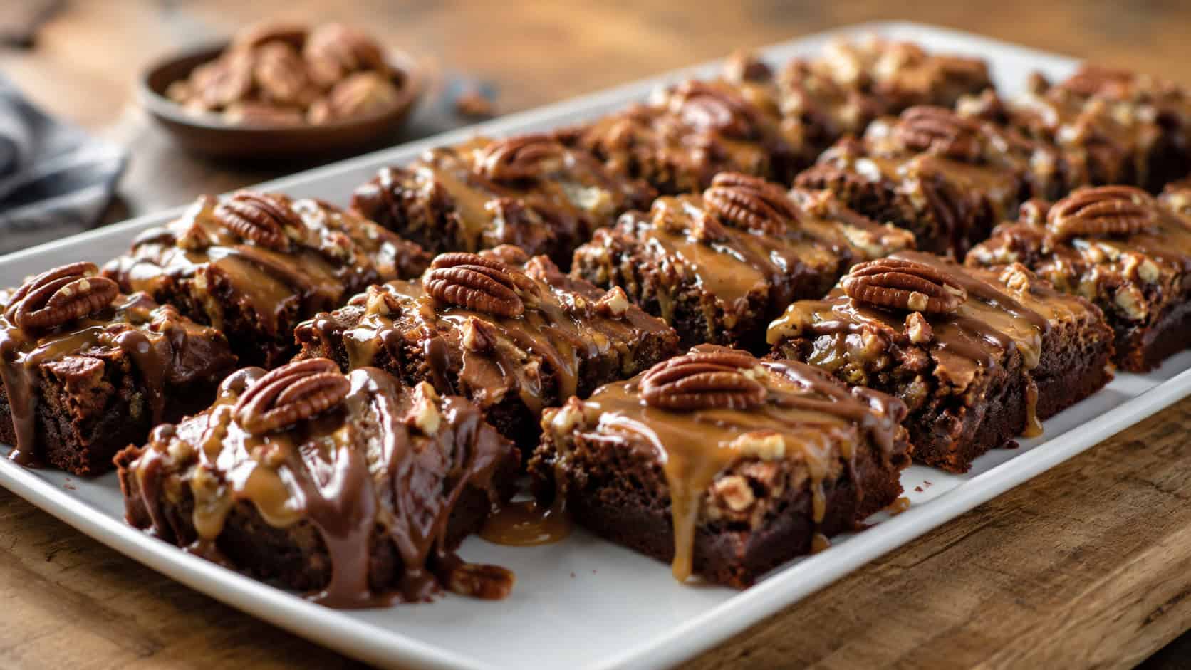 a wide horizontal platter of turtle brownies drizzled with caramel and chocolate and topped with toasted pecans, on a wooden board, warm natural light, shallow depth of field, landscape orientation