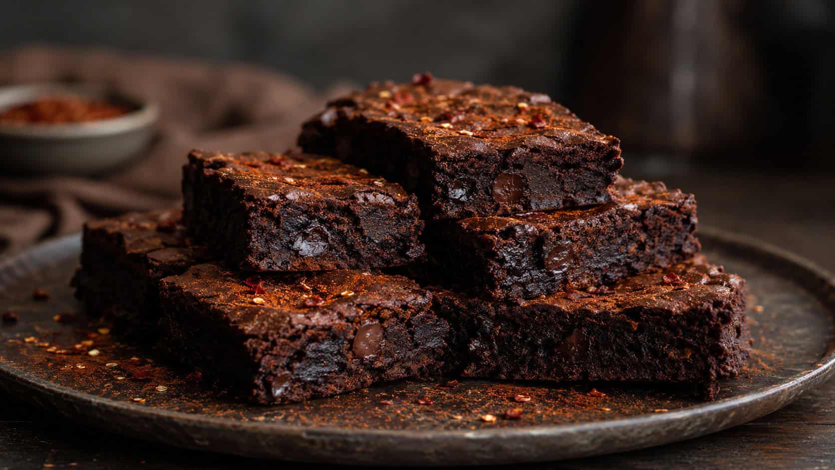 a wide horizontal stack of dark chocolate chunk brownies dusted with a hint of red chili and cinnamon, on a rustic dark plate, moody natural light, shallow depth of field, landscape orientation