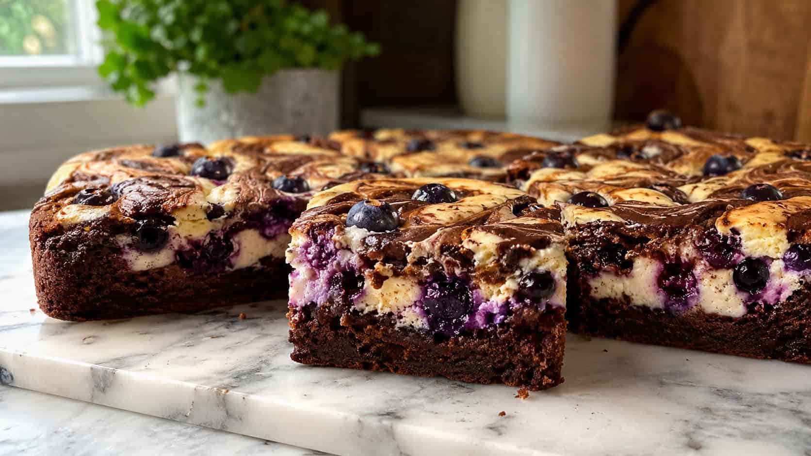 a wide horizontal platter of chocolate cheesecake brownies with creamy swirls and bursting blueberries, one cut to show the marbled layers, on a marble board, natural light, shallow depth of field, landscape orientation
