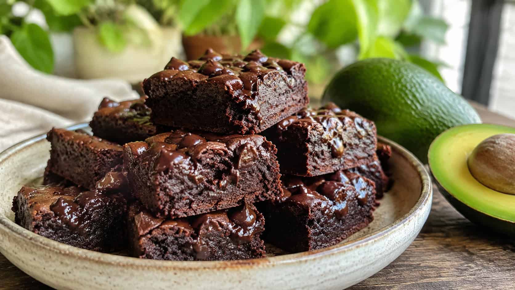 a wide horizontal stack of dark gluten-free brownies with a soft fudgy crumb and melting chocolate chips, on a rustic ceramic plate with a fresh avocado nearby, natural light, shallow depth of field, landscape orientation