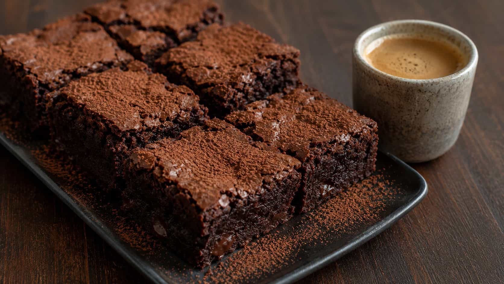 a wide horizontal arrangement of dark espresso brownies with a crackly top, dusted lightly with cocoa, beside a small espresso cup, on a dark wood surface, moody natural light, shallow depth of field, landscape orientation