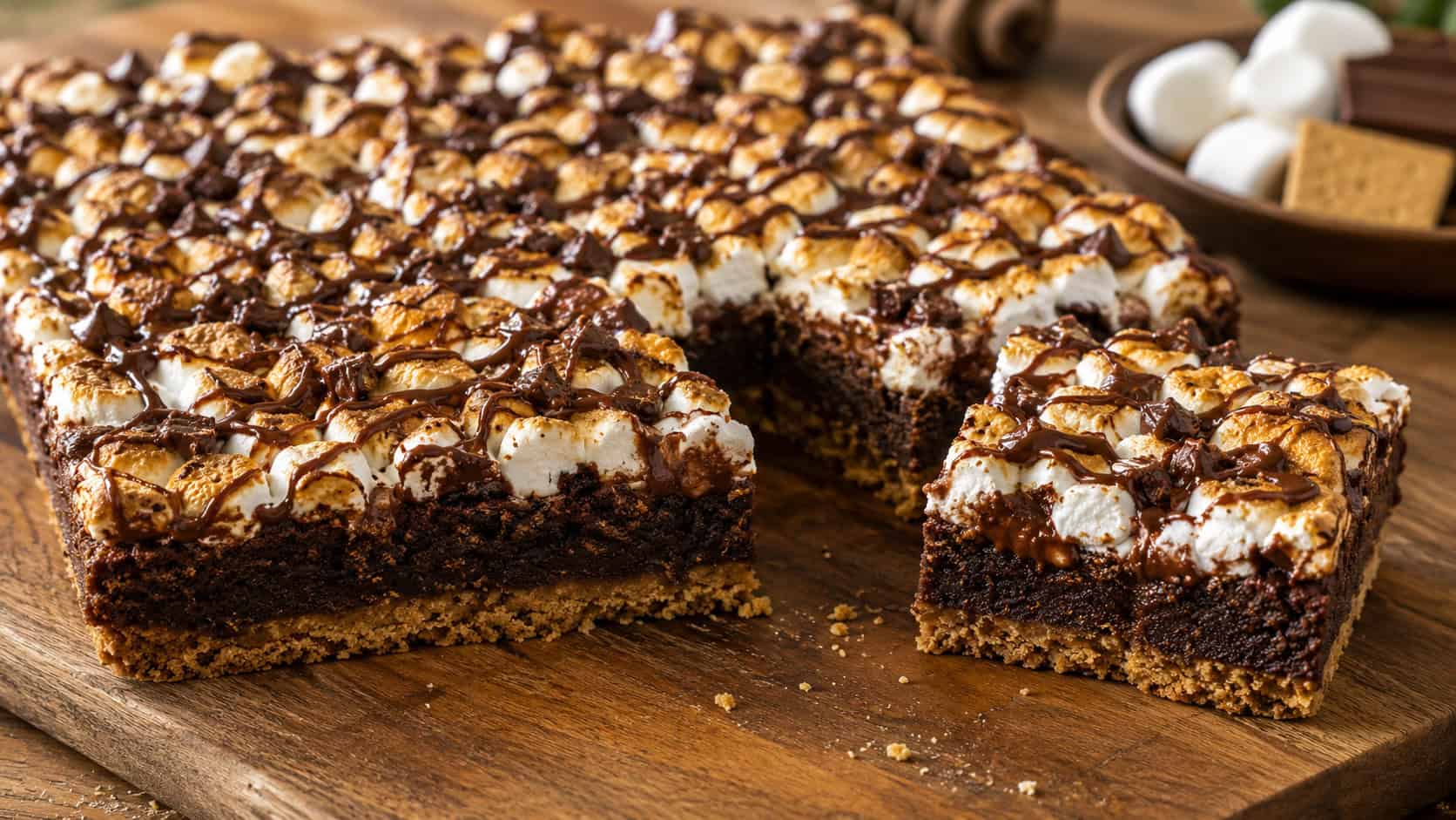 a wide horizontal pan of s'mores brownies with golden toasted marshmallows and chocolate drizzle on a graham crust, one piece pulled away, on a wooden board, warm natural light, shallow depth of field, landscape orientation
