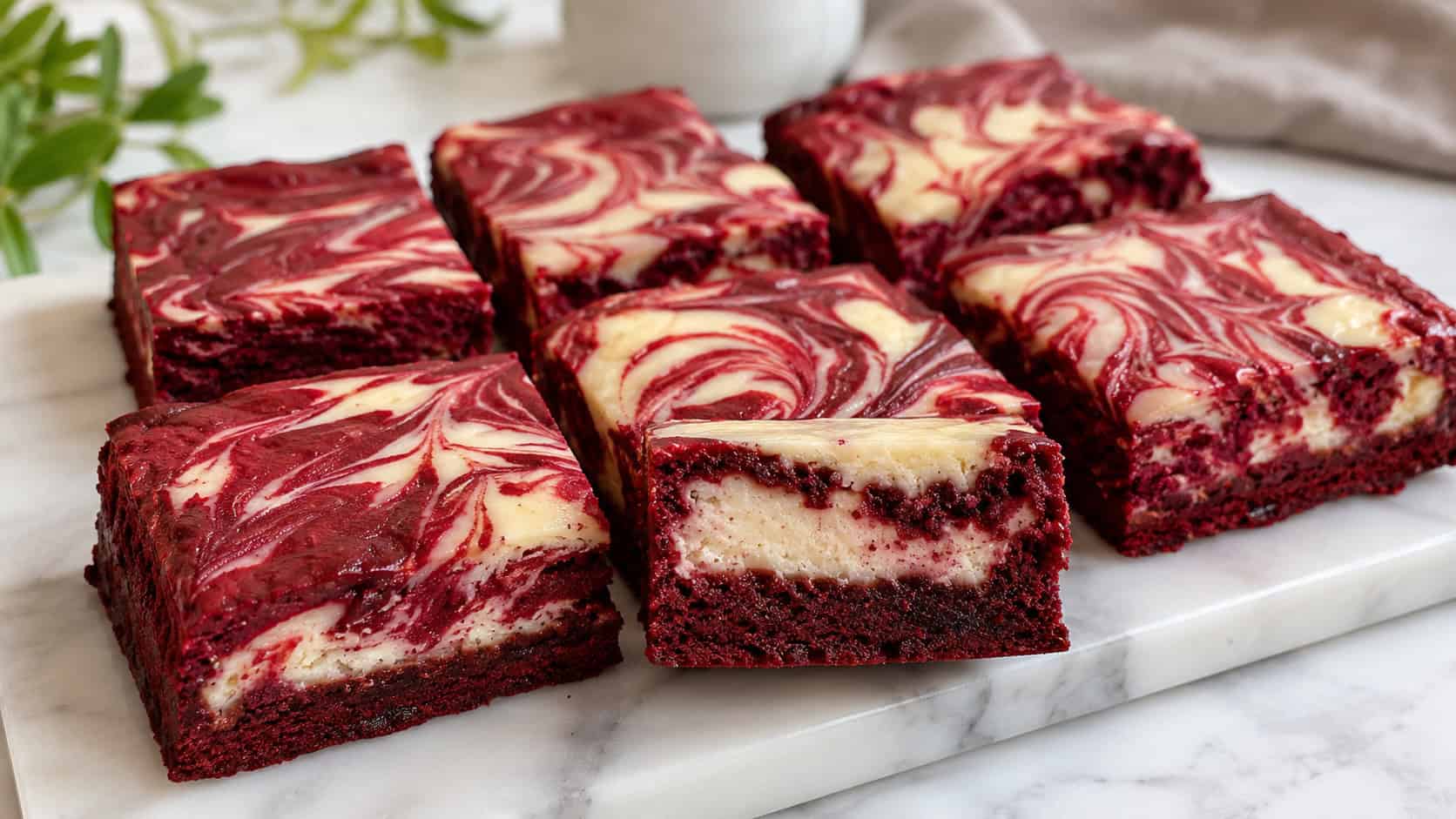 a wide horizontal platter of red velvet cheesecake brownies with bold red and creamy white marbled swirls, one cut to show the layers, on a marble board, natural light, shallow depth of field, landscape orientation