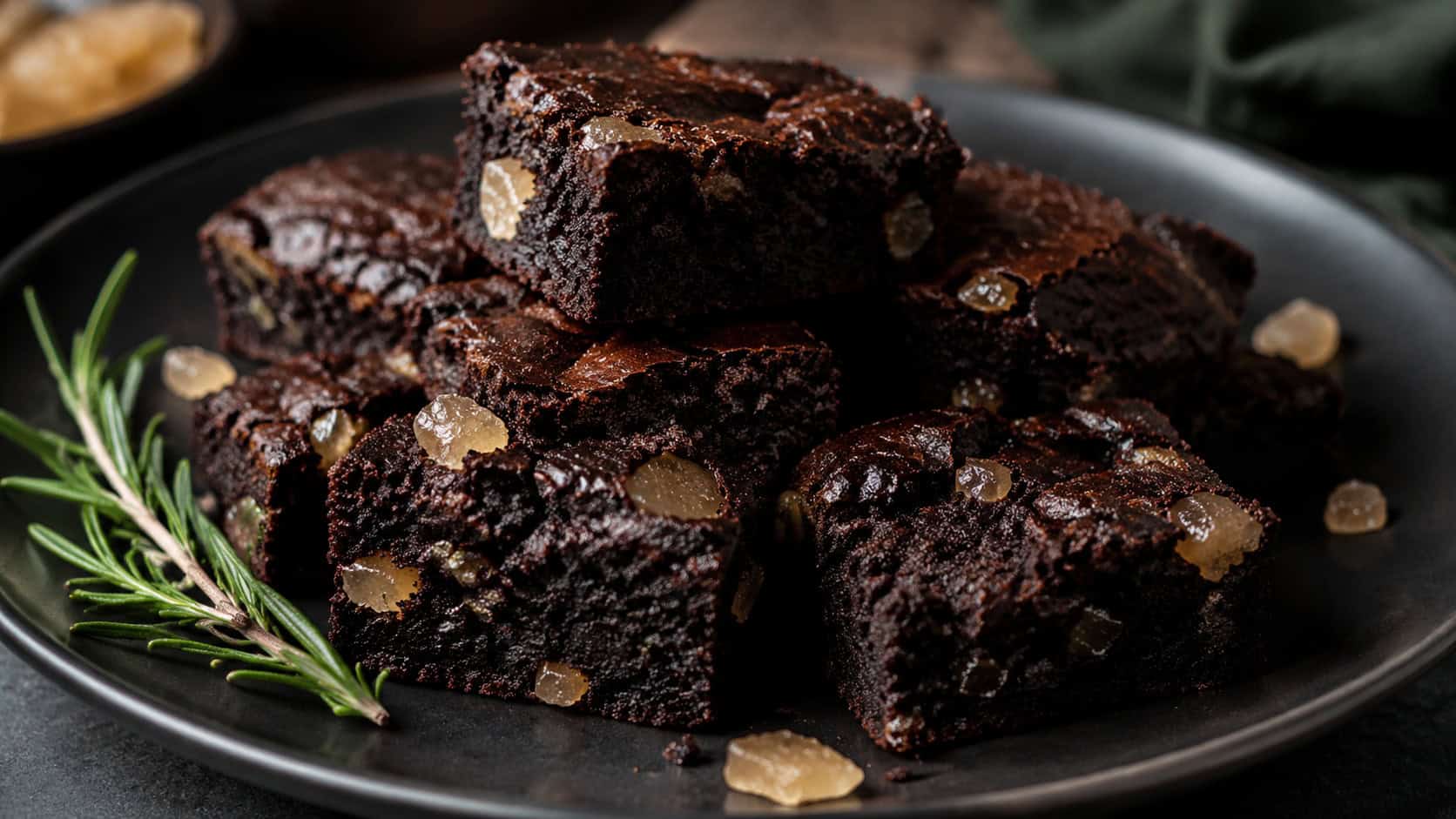 dark chocolate ginger brownies in a wide horizontal shot, deep near-black squares flecked with candied ginger pieces, on a dark ceramic plate with a sprig nearby, soft natural light, shallow depth of field, landscape orientation
