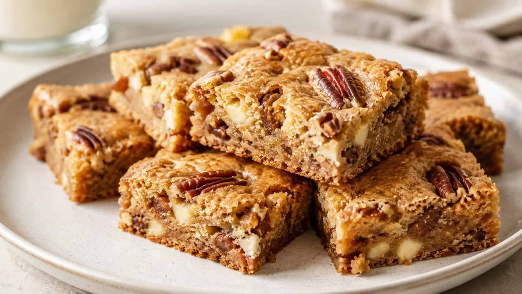 blonde brownies with pecans in a wide horizontal shot, golden chewy squares studded with toasted pecan halves and white chocolate, on a cream plate, bright natural light, shallow depth of field, landscape orientation
