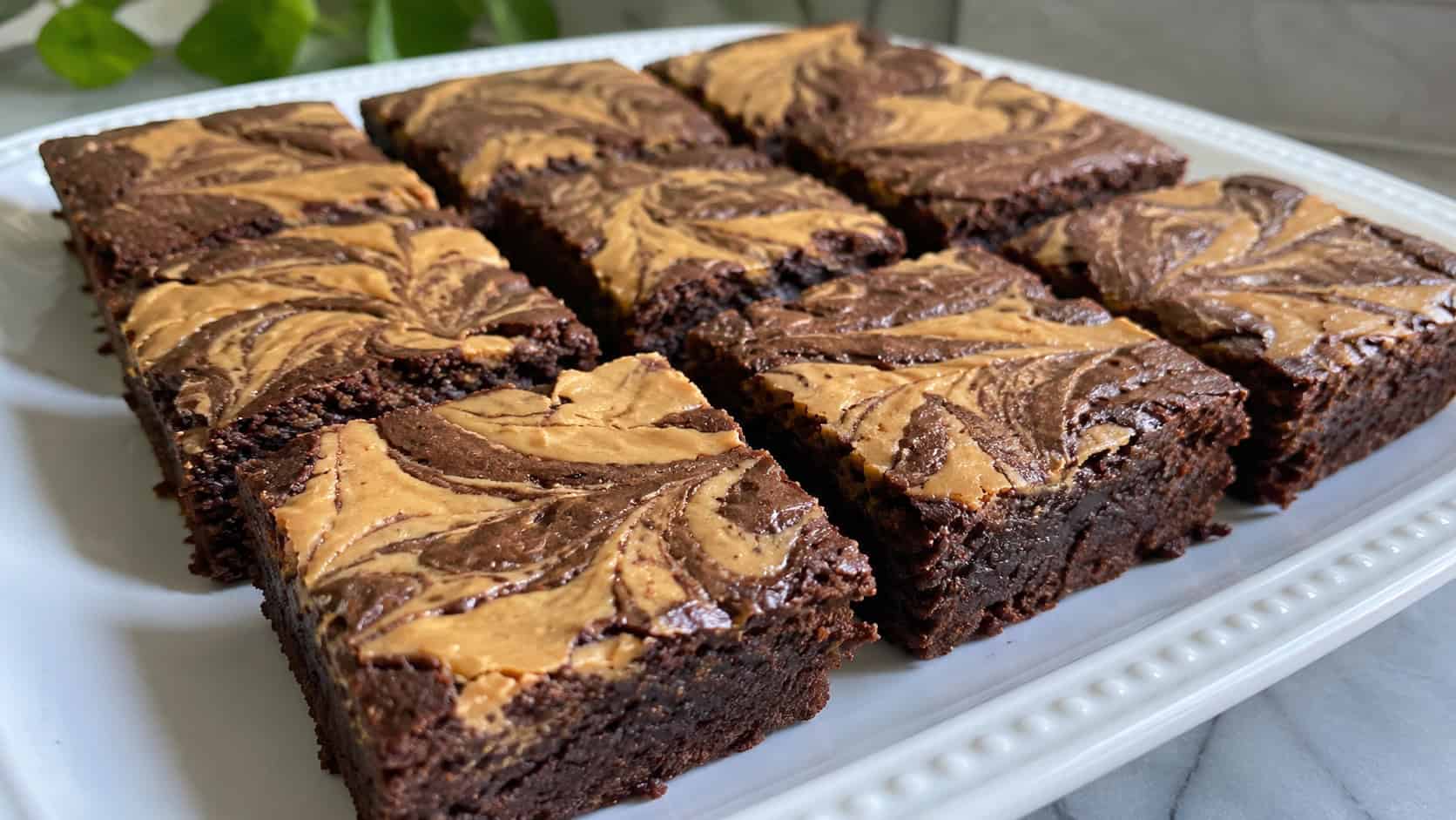 peanut butter swirl brownies in a wide horizontal shot, marbled tan and dark chocolate ribbons across the surface, sliced into squares on a white ceramic plate, bright natural light, shallow depth of field, landscape orientation