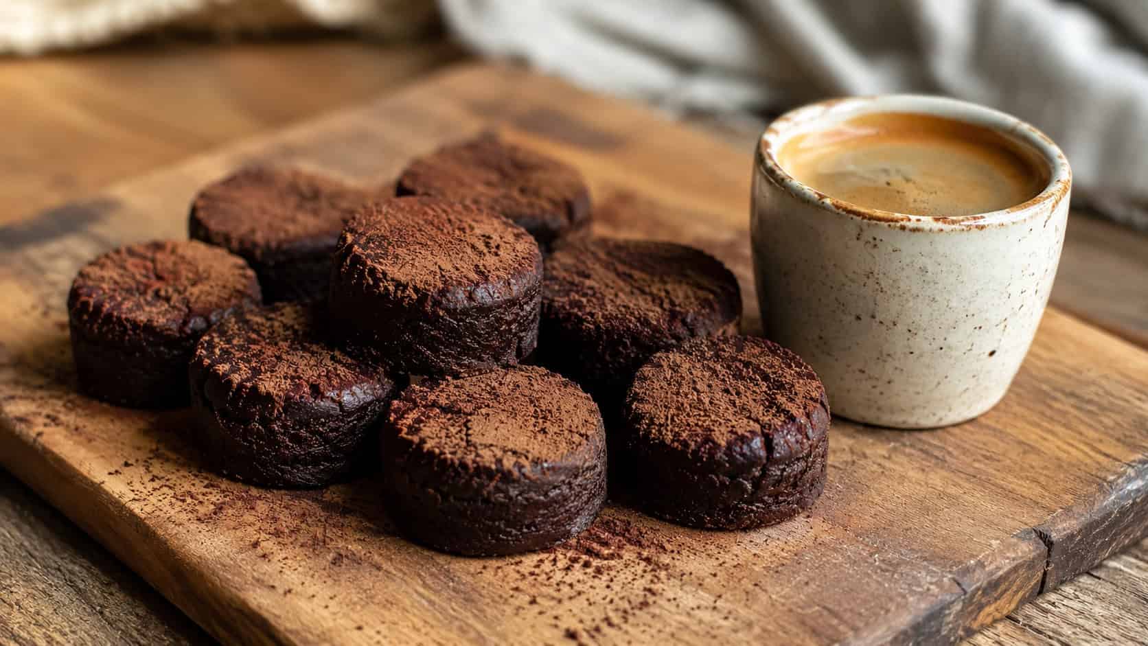 espresso brownie bites in a wide horizontal shot, small round fudgy brownies dusted lightly with cocoa beside a tiny cup of coffee, on a rustic wooden board, warm natural light, shallow depth of field, landscape orientation