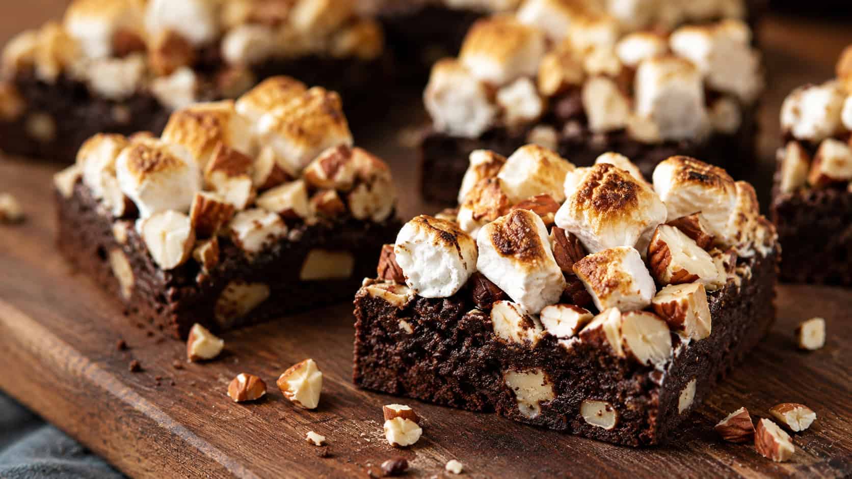 rocky road brownies in a wide horizontal shot, toasted golden marshmallows and chopped almonds piled over a fudgy chocolate base, squares on a dark wooden board, warm natural light, shallow depth of field, landscape orientation