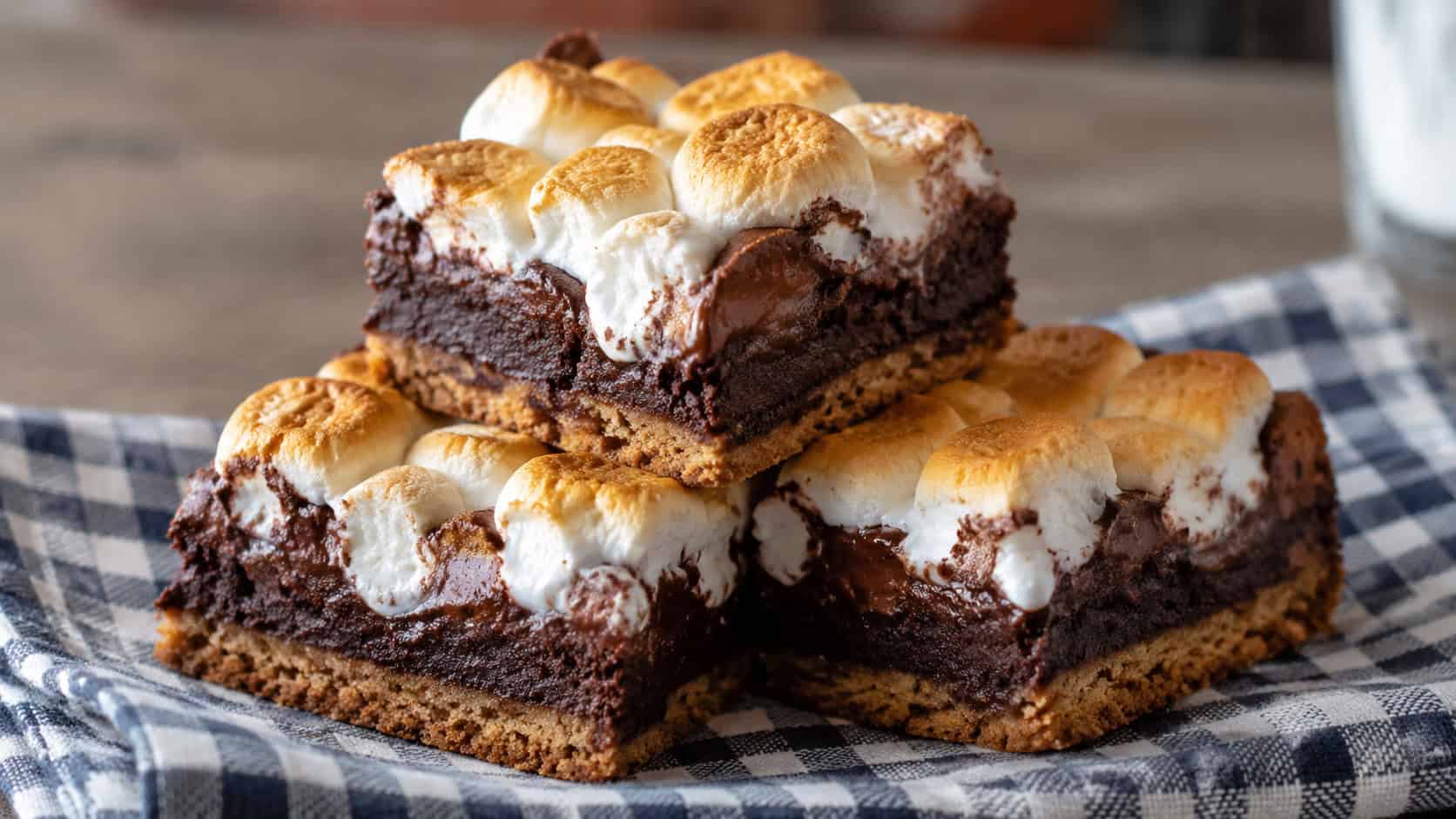 s'mores brownies in a wide horizontal shot, golden toasted marshmallow top over a graham cracker crust and fudgy center, squares stacked on a checkered cloth, warm natural light, shallow depth of field, landscape orientation