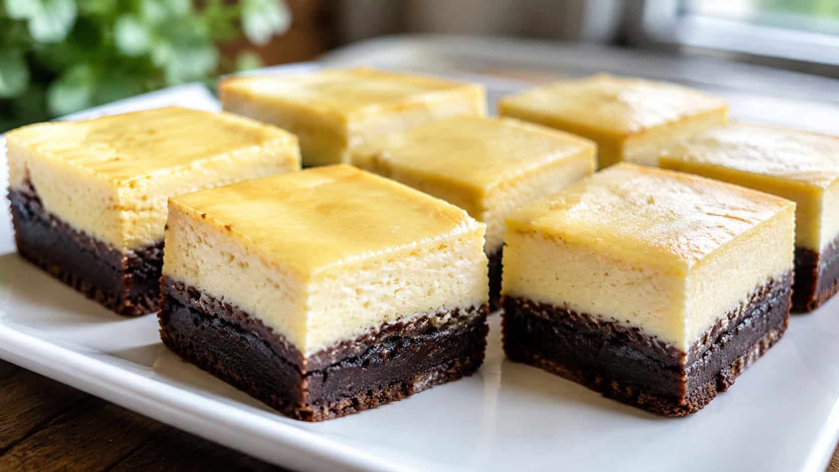 cheesecake brownie bars in a wide horizontal shot, creamy pale cheesecake layer over a dark fudgy brownie base, neat squares on a white plate, bright natural light, shallow depth of field, landscape orientation