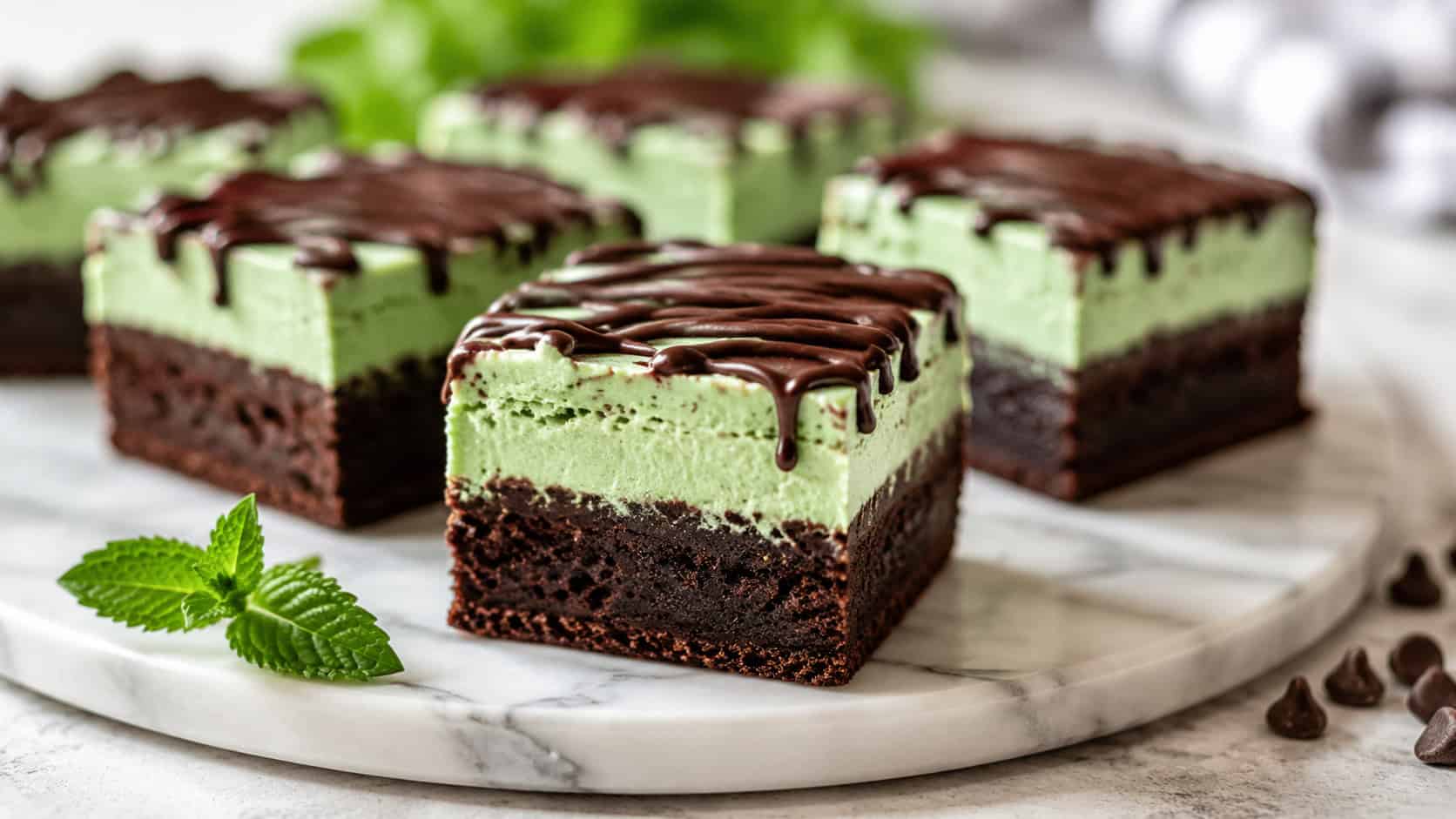 layered mint chocolate brownies with green mint frosting and chocolate drizzle on a marble board, wide horizontal shot, neat layers visible, natural light, shallow depth of field, landscape orientation