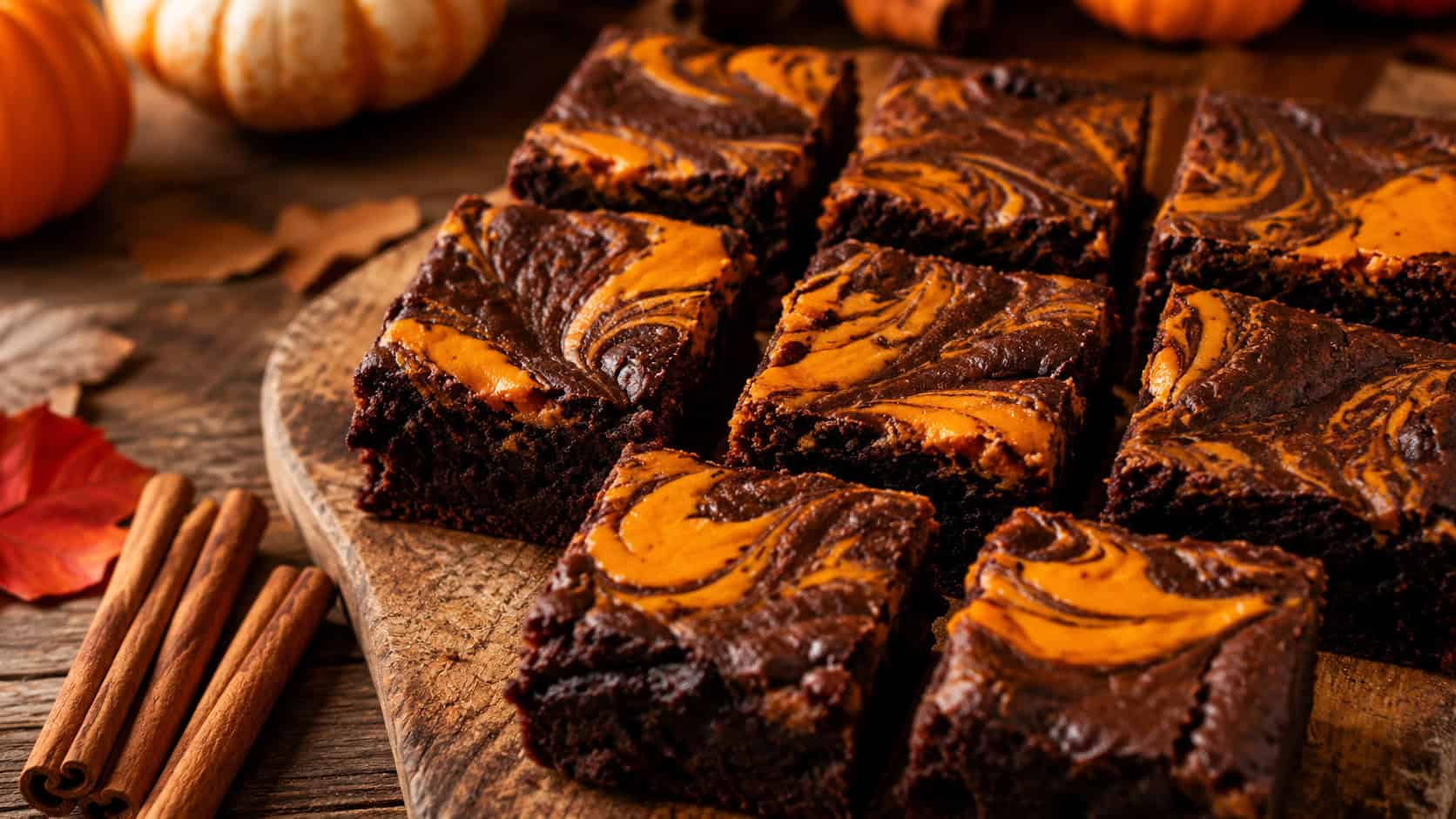 fudgy brownies with orange pumpkin swirls cut into squares on a rustic board, wide horizontal shot, cinnamon sticks nearby, warm autumn light, shallow depth of field, landscape orientation