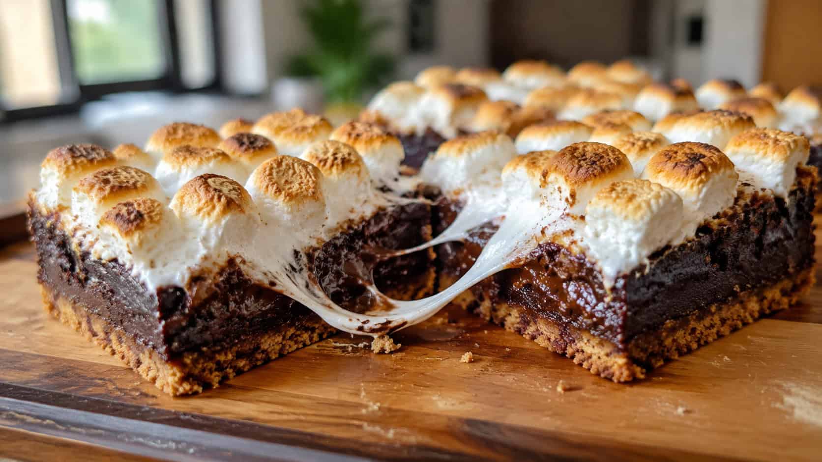s'mores brownies with golden toasted marshmallows on a graham crust, cut to show layers, on a wooden board, wide horizontal shot, gooey marshmallow pull, natural light, shallow depth of field, landscape orientation