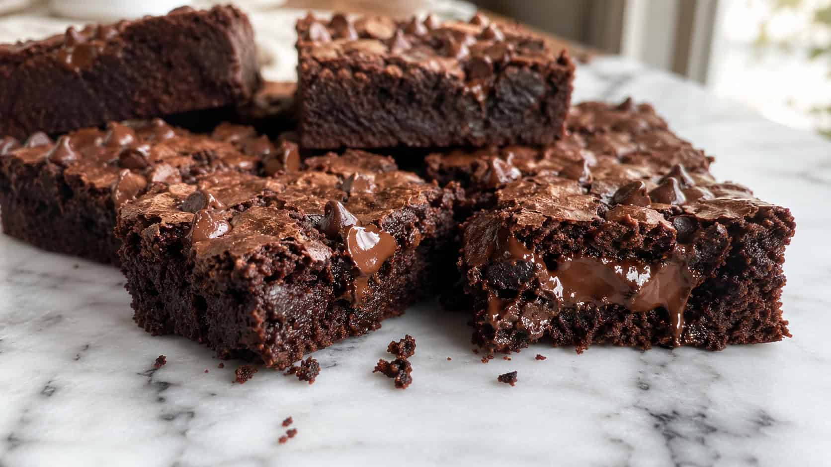 double chocolate brownies studded with melty chocolate chips on a marble board, wide horizontal shot, one brownie split to show gooey center, natural light, shallow depth of field, landscape orientation