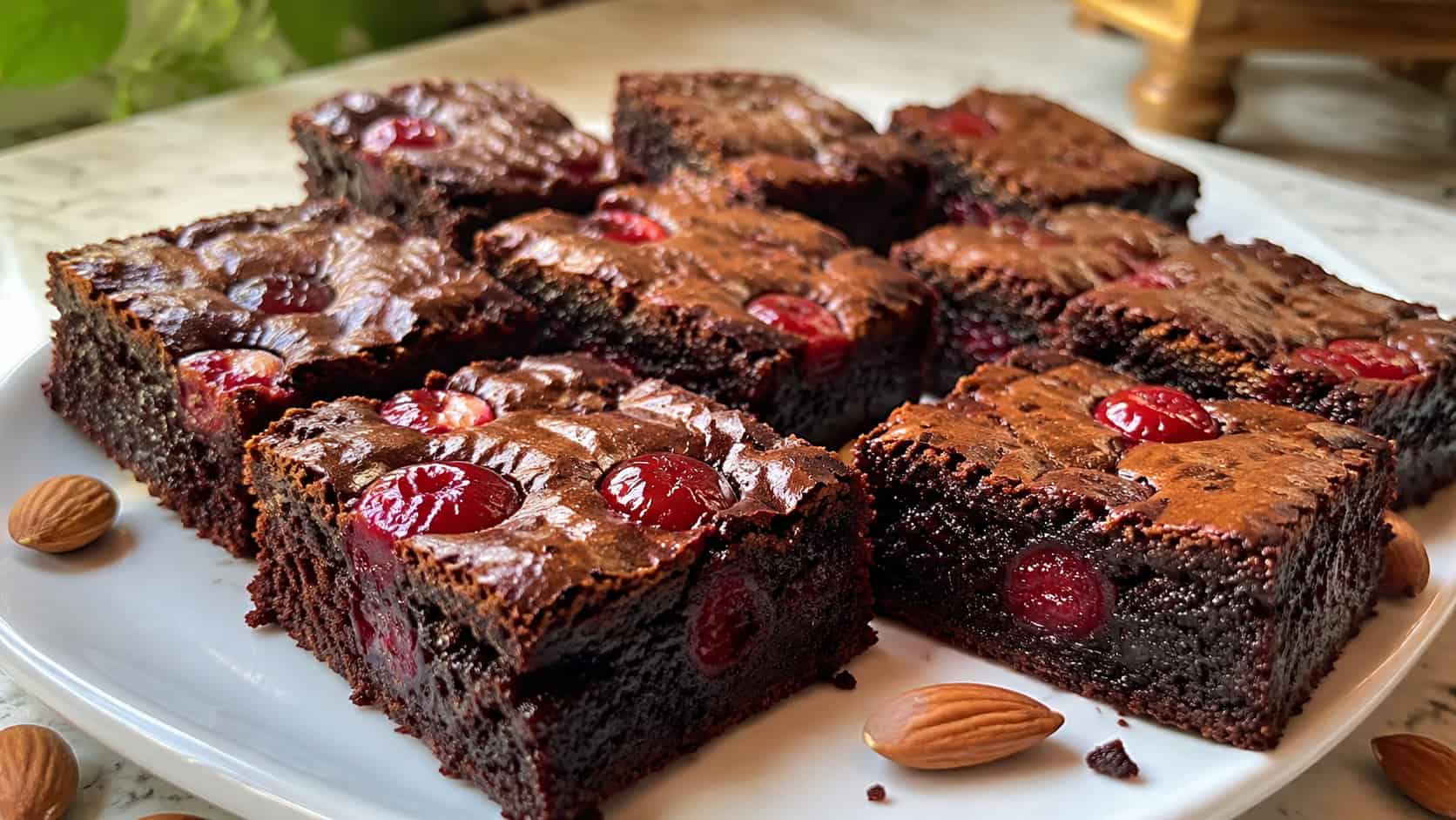 fudgy brownies dotted with red cherries cut into squares on a white plate, wide horizontal shot, glossy tops and gooey interior, scattered almonds, natural light, shallow depth of field, landscape orientation