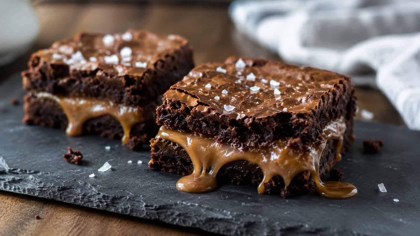 fudgy brownies with a molten caramel layer dripping out, topped with flaky salt, on a slate board, wide horizontal shot, gooey caramel pull, natural light, shallow depth of field, landscape orientation