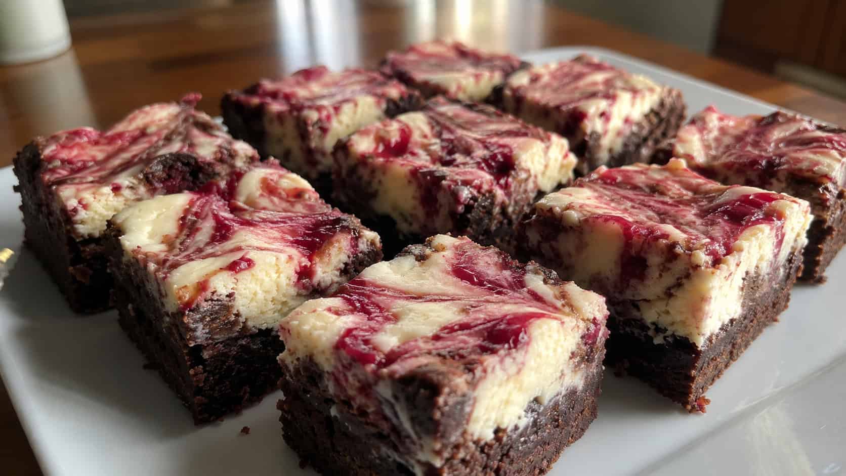 marbled cheesecake brownies with pink raspberry swirls cut into squares on a white plate, wide horizontal shot, creamy and chocolate layers visible, natural light, shallow depth of field, landscape orientation