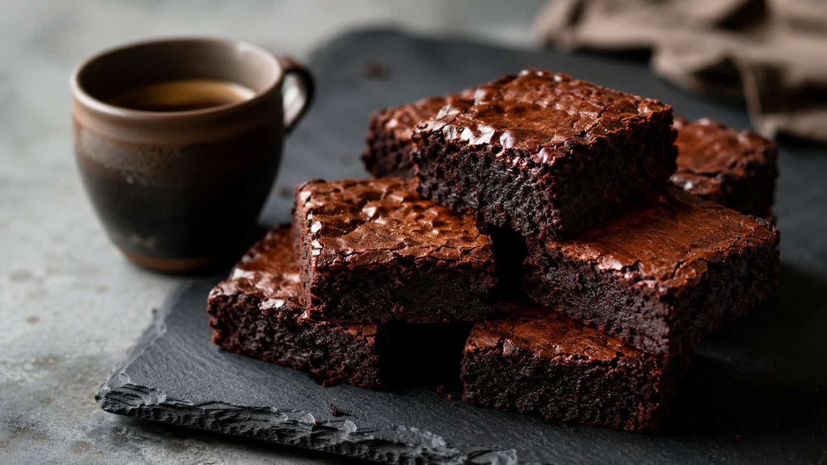 dark espresso brownies stacked on a slate board with a coffee cup nearby, wide horizontal shot, glossy crackly tops, moody natural light, shallow depth of field, landscape orientation