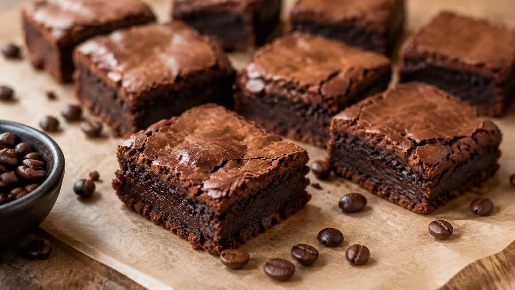 chewy mocha brownies cut into squares on parchment with scattered coffee beans, wide horizontal shot, fudgy interior visible, warm natural light, shallow depth of field, landscape orientation