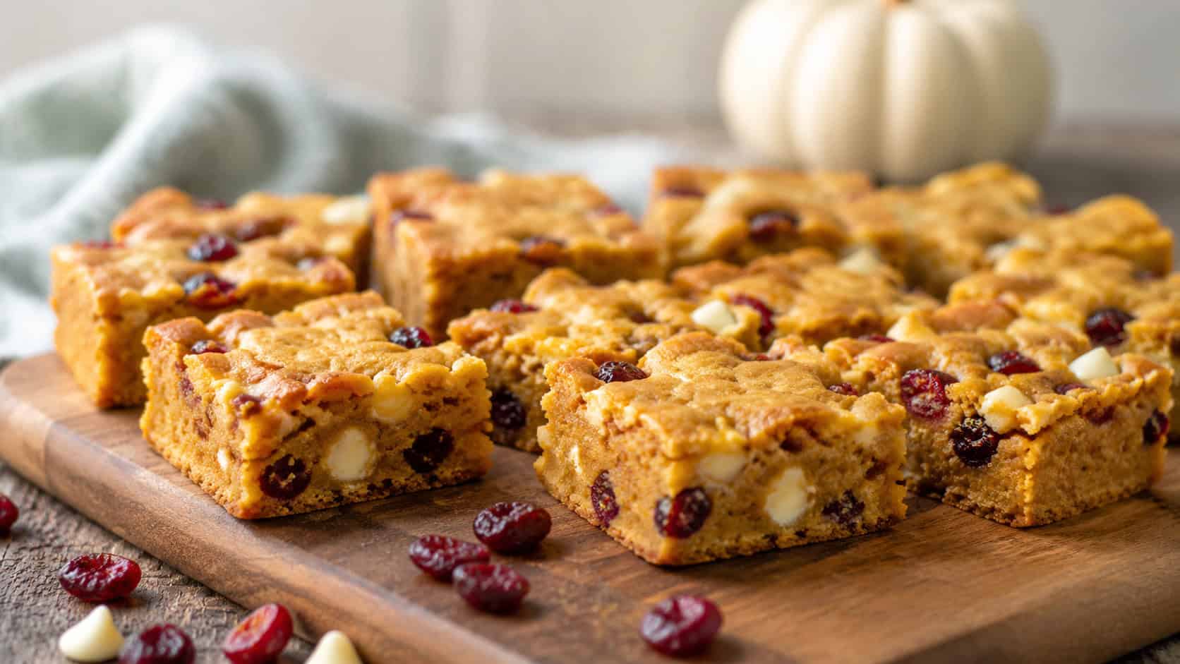 golden pumpkin blondies studded with red cranberries and white chocolate cut into squares, in a wide horizontal shot on a wooden board with scattered cranberries, natural light, shallow depth of field, landscape orientation