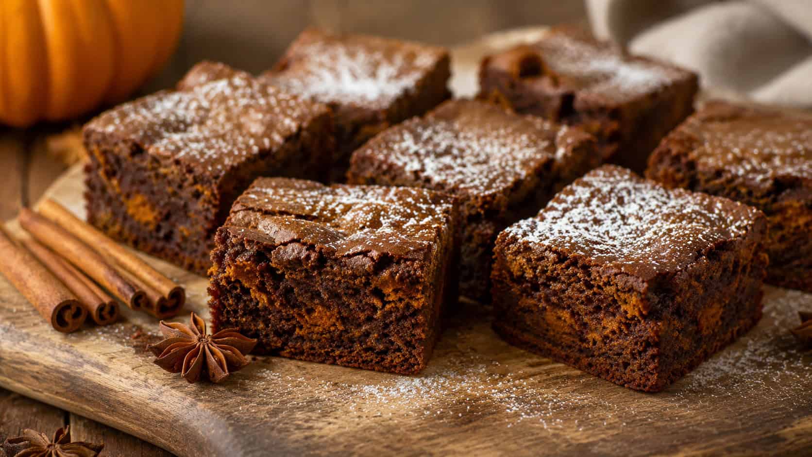 dark spiced gingerbread pumpkin brownies cut into squares with a light dusting of sugar, in a wide horizontal shot on a rustic board with cinnamon sticks and star anise, natural light, shallow depth of field, landscape orientation